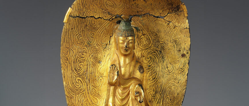 Detail, gilt-bronze Buddha with inscription: “seventh year of yeonga,” 539 (Goguryeo Kingdom), 16.2 cm high, National Treasure 119 (National Museum of Korea)