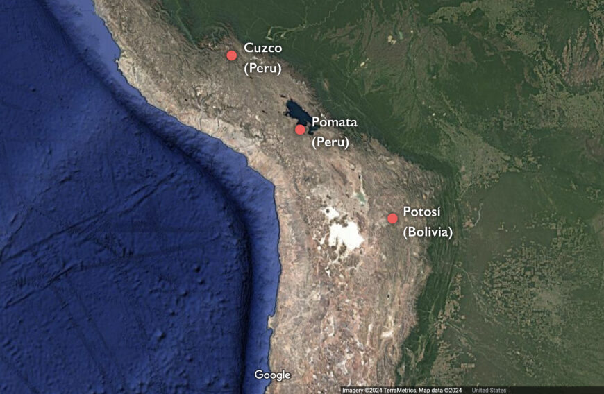 Map showing the location of Cuzco, Potosí, and Pomata, which were all part of the Viceroyalty of Peru (underlying map © Google)