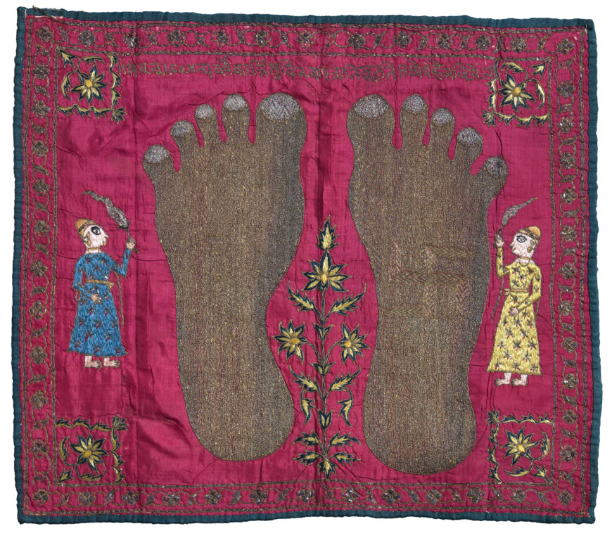 This wall hanging includes the Charan Chinhas (sacred footprints) motif, as well as an embroidered inscription of the the name and title of the guru Vijenji. Wall Hanging (Puthia) Depicting the Feet of a Jain Monk, 1667, silk plain weave with silk, silver, and silver-gilt thread embroidery in couching, chain, darning, and satin stitches, 33 x 38.4 cm (Philadelphia Museum of Art)
