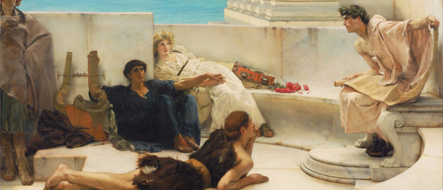 Sir Lawrence Alma-Tadema, A Reading from Homer, 1885, oil on canvas, 1836.67 x 918.72 cm (Philadelphia Museum of Art)