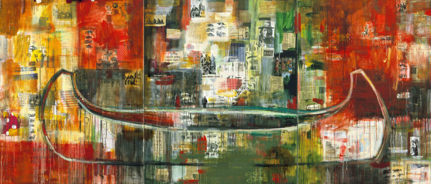 Jaune Quick-to-See Smith, Trade (Gifts for Trading Land with White People), 1992, oil paint and mixed media, collage, objects, canvas, 152.4 x 431.8 cm (Chrysler Museum of Art, Norfolk, Virginia) © Jaune Quick-to-See Smith
