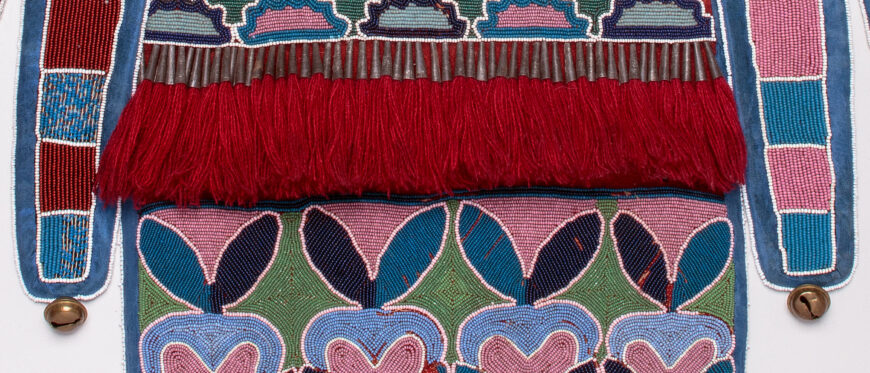 Shoulder Bag, 1840–50 (Delaware, Lenni Lenape), cotton, wool, silk, glass beads, tinned iron, brass, bone, 29 1/2 inches high (Newark Museum of Art, Purchase 2017 Mr. and Mrs. William V. Griffin Fund 2017.10)