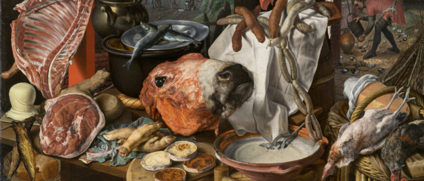 Pieter Aertsen, A Meat Stall with the Holy Family Giving Alms, 1551, oil on panel, 115.6 x 168.9 cm (North Carolina Museum of Art, Raleigh)