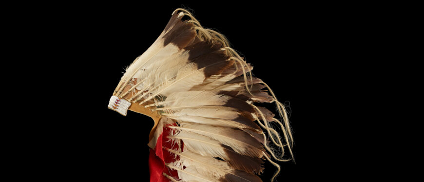 Headdress, late 19th–Early 20th century, Tsitsistas (Cheyenne) or Lakota Artist, bald eagle and other feathers, wool, buffalo and cow hide, horse hair, beads and pigments (Minneapolis Institute of Art)