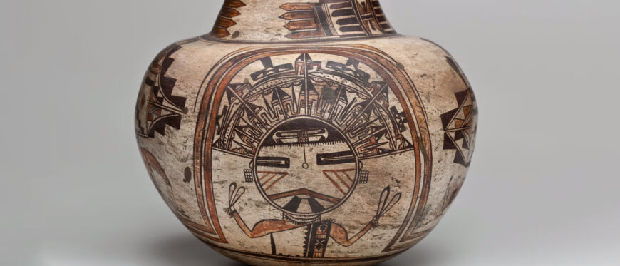 Nampeyo (Hopi-Tewa), Polacca Polychrome Water Jar, c. 1895–1900, clay and pigment, made in Arizona, U.S., 30.5 × 34.3 cm (The Metropolitan Museum of Art)