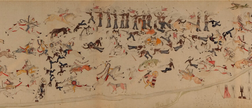 Mató Nájin/Standing Bear (Minneconjou Lakota/Teton Sioux), Battle of Little Bighorn, c. 1920, pencil, ink, and watercolor on muslin, 91.4 × 268 cm, made in Pine Ridge Reservation, South Dakota, United States (The Metropolitan Museum of Art)
