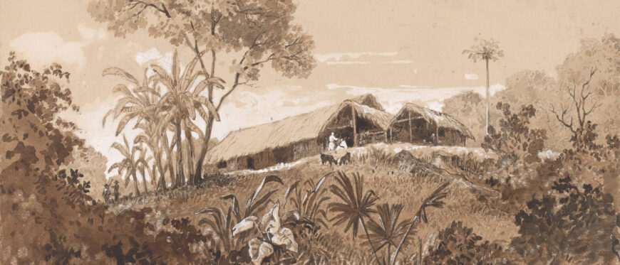 Michel-Jean Cazabon, The Cottage, Mount Tamana, 1851, pen and brown ink, brown wash, graphite, and white gouache with scratching out on medium, slightly textured, beige wove paper, 21.3 x 27.6 cm (Yale Center for British Art, Paul Mellon Collection, New Haven)