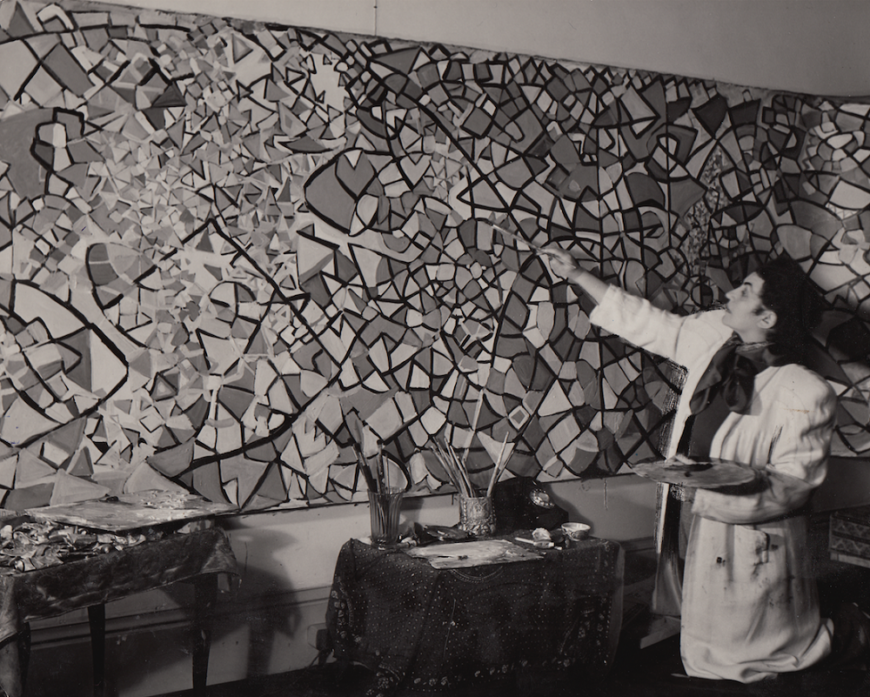 Fahrelnissa Zeid in her London studio painting Le Voyage de l’Homme lune (Voyage of the Man Moon), 1949 (image courtesy of Fahrelnissa Zeid Estate)