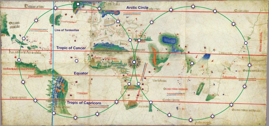 The rhumb-line construction scheme in the Cantino planisphere (made by Alvesgaspar)