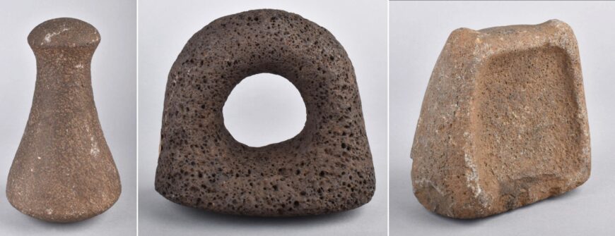 Left: Pōhaku kuʻi poi, pounder with upper terminal knob; center: Pōhaku puka kuʻi poi, pounder with perforated arched handle; right: Stirrup pounder (© The Trustees of the British Museum, London)