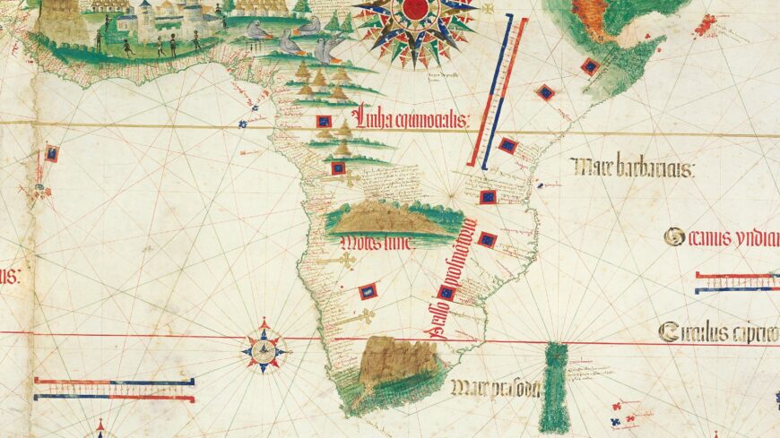 Markers are indicated by crosses, detail of southern Africa, Cantino Planisphere, 1502, ink and pigment on vellum, 102 x 218 cm (Biblioteca Estense Universitaria, Modena)