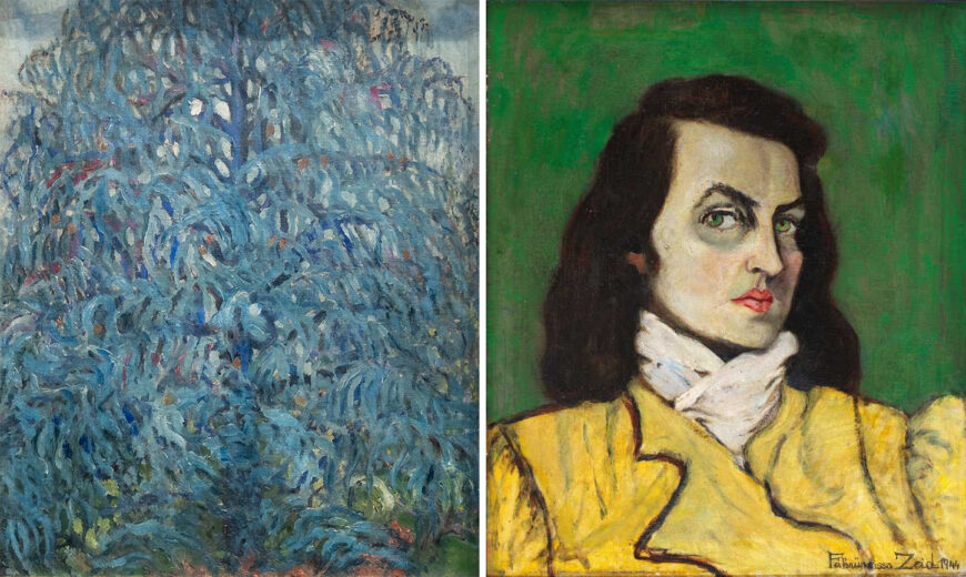 Paintings from Zeid's time in Istanbul during World War II. Left: Fahrelnissa Zeid, The Blue Tree, 1943, oil and gouache on canvas, double-sided, 54 x 45 cm (private collection; photo: Sotheby’s) © Fahrelnissa Zeid estate; right: Fahrelnissa Zeid, Self-Portrait, 1944, oil on canvas, 60 x 50 cm (Sema-Barbaros Çağa Private Collection) © Fahrelnissa Zeid estate