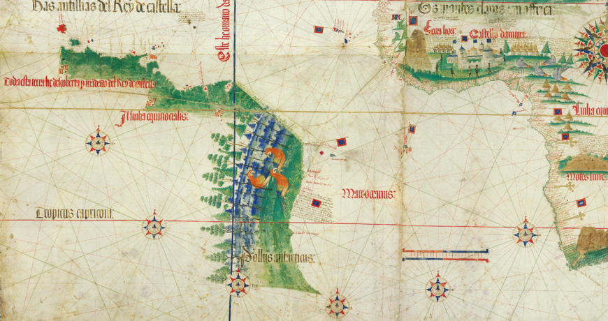 The coast of Brazil in South America and the Coast of Africa (detail), Cantino Planisphere, 1502, ink and pigment on vellum, 102 x 218 cm (Biblioteca Estense Universitaria, Modena)