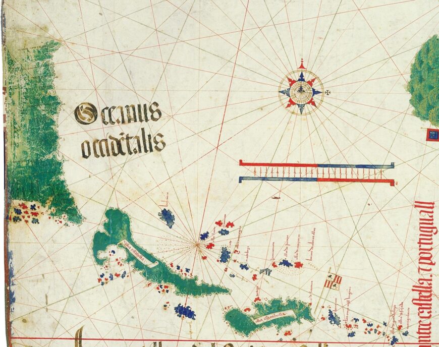 Caribbean and Florida (detail), Cantino Planisphere, 1502, ink and pigment on vellum, 102 x 218 cm (Biblioteca Estense Universitaria, Modena)