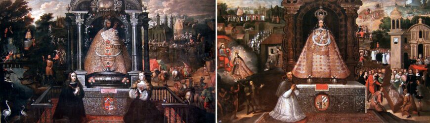 Left: Virgin of Almudena with Charles II and the Queen of Spain, 1661–70, oil on canvas (Cathedral of Cuzco; photo: Project ARCA); right: attributed to Basilio Santa Cruz Pumacallao, Virgin of Bethlehem, 1661–1700, oil on canvas (Cathedral of Cuzco; photo: Project ARCA)