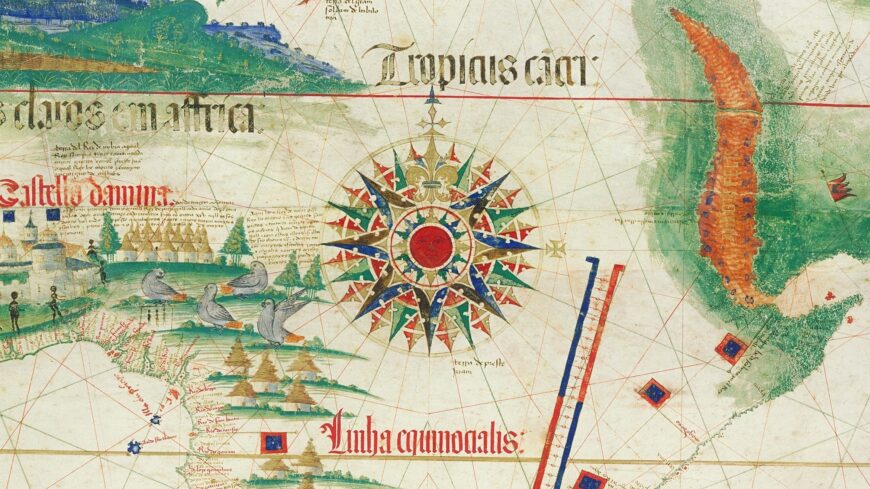 Compass rose, Cantino Planisphere, 1502, ink and pigment on vellum, 102 x 218 cm (Biblioteca Estense Universitaria, Modena)