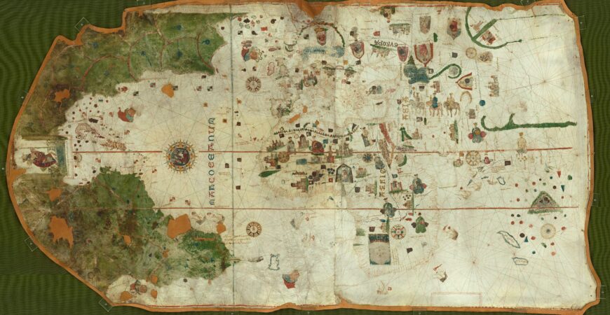 Juan de la Cosa, World Map, rotated to place north at the top, c. 1500, Museo Naval de Madrid and Biblioteca Virtual del Ministerio de Defensa