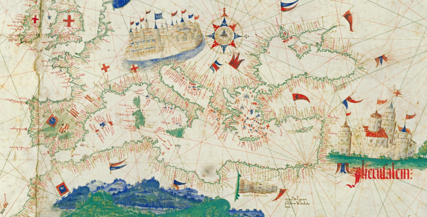 Europe and North Africa (detail), Cantino Planisphere, 1502, ink and pigment on vellum, 102 x 218 cm (Biblioteca Estense Universitaria, Modena)