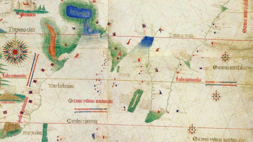 The coast of Africa, India, and Southeast Asia (detail), Cantino Planisphere, 1502, ink and pigment on vellum, 102 x 218 cm (Biblioteca Estense Universitaria, Modena)