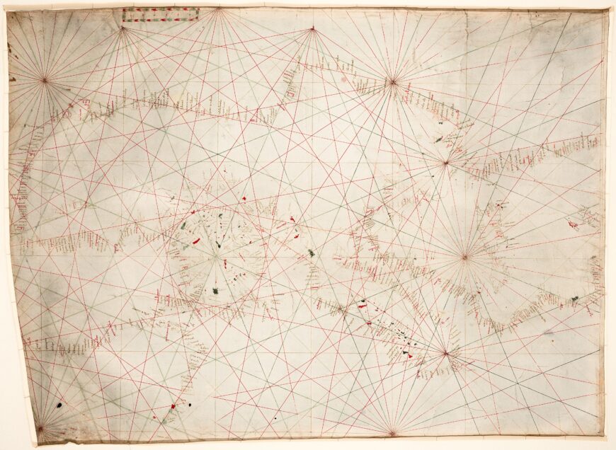 Portolan chart of the Mediterranean sea, with north at the bottom and south at the top, c. 1320–1350, ink on vellum (Library of Congress)