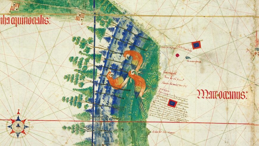 The coast of Brazil, Cantino Planisphere, 1502, ink and pigment on vellum, 102 x 218 cm (Biblioteca Estense Universitaria, Modena)