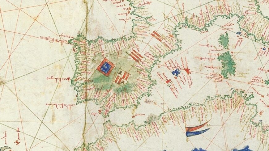 Standards of Portugal (red and blue) and Spain (red and white), Cantino Planisphere, 1502, ink and pigment on vellum, 102 x 218 cm (Biblioteca Estense Universitaria, Modena)