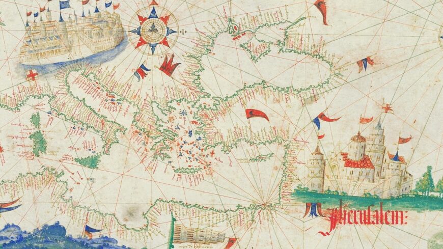 Venice and Jerusalem (detail), Cantino Planisphere, 1502, ink and pigment on vellum, 102 x 218 cm (Biblioteca Estense Universitaria, Modena)