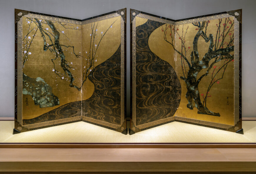 Ogata Kōrin, Red and White Plum Blossoms, early 18th century (Edo period), pair of two-fold screens, ink, color, silver, gold, and unidentified materials on paper, 156 x 172.2 cm each, National Treasure (MOA Museum of Art, Atami)