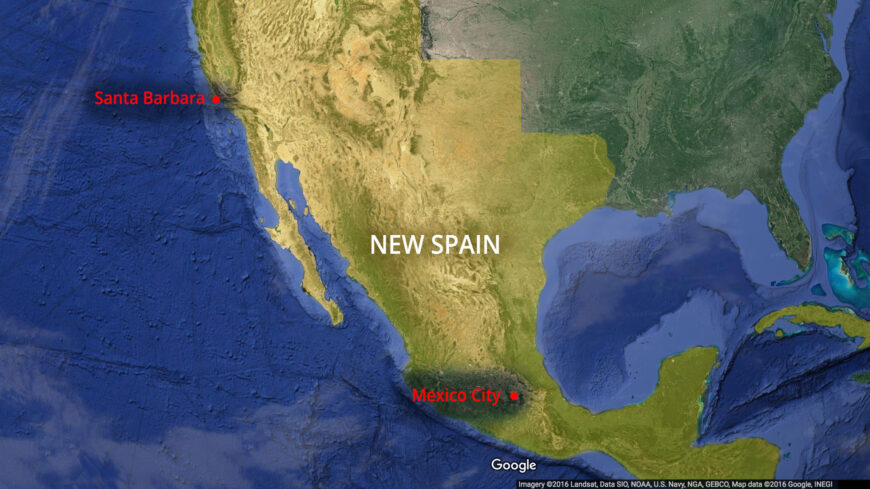 Map of New Spain, 1610 (underlying © Google) 