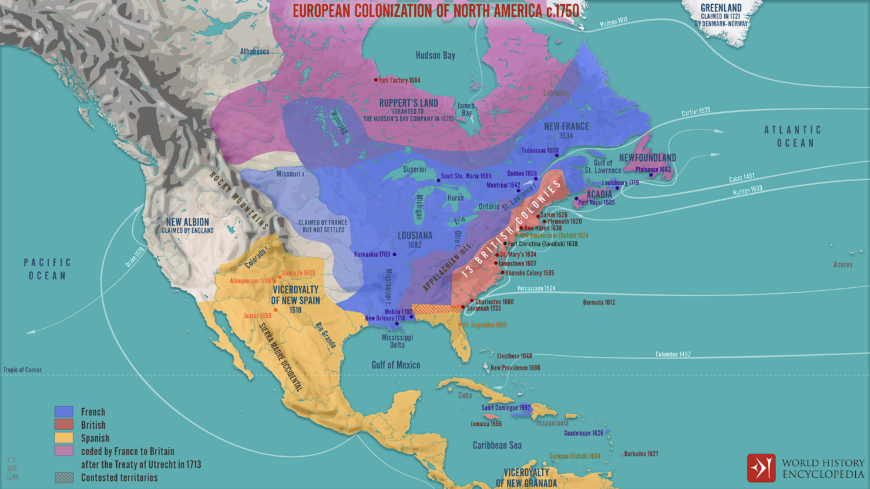 European colonization of North America, c. 1750 (map: S. Netchev, World History Encyclopedia, CC BY-NC-ND 3.0)