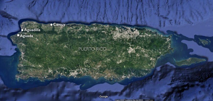 Aguada, Camuy, and Aguadilla, where the Cabán family was primarily active (underlying map © Google)