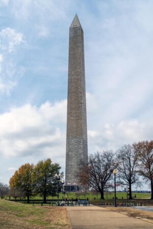 View of the National Mall showing the Washington Monument in the center. Robert Mills and Lietenant Colonel Thomas Lincoln Casey, Washington Monument, completed 1884, granite and marble, Washington, D. C