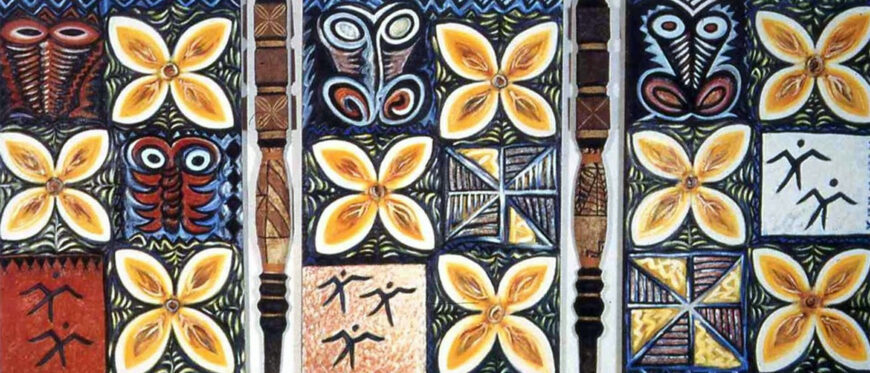 Fatu Feu?u, Fa?aola Mo Taeao Conserve for Tomorrow, 1990, oil on canvas, wood, barkcloth, pigment, and ceramic (Feu?u Marsh Trust collection) ? Fatu Feu?u