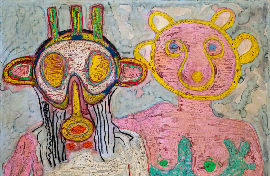 Nitza Tufiño, Pareja Taína (Taíno Couple), 1972, acrylic, charcoal, and polyurethane on Masonite, 123.8 x 122.5 cm (El Museo del Barrio, New York) © Nitza Tufiño