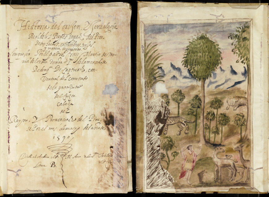 Title page and opening illustration, Martín de Murúa, Historia y Genealogía de los Reyes Ingas del Piru (History and Genealogy of the Inka Kings of Peru), c. 1580–90, manuscript on parchment (University of Notre Dame Hesburgh Library, facsimile of the Galvin manuscript, owned by Sean Galvin)