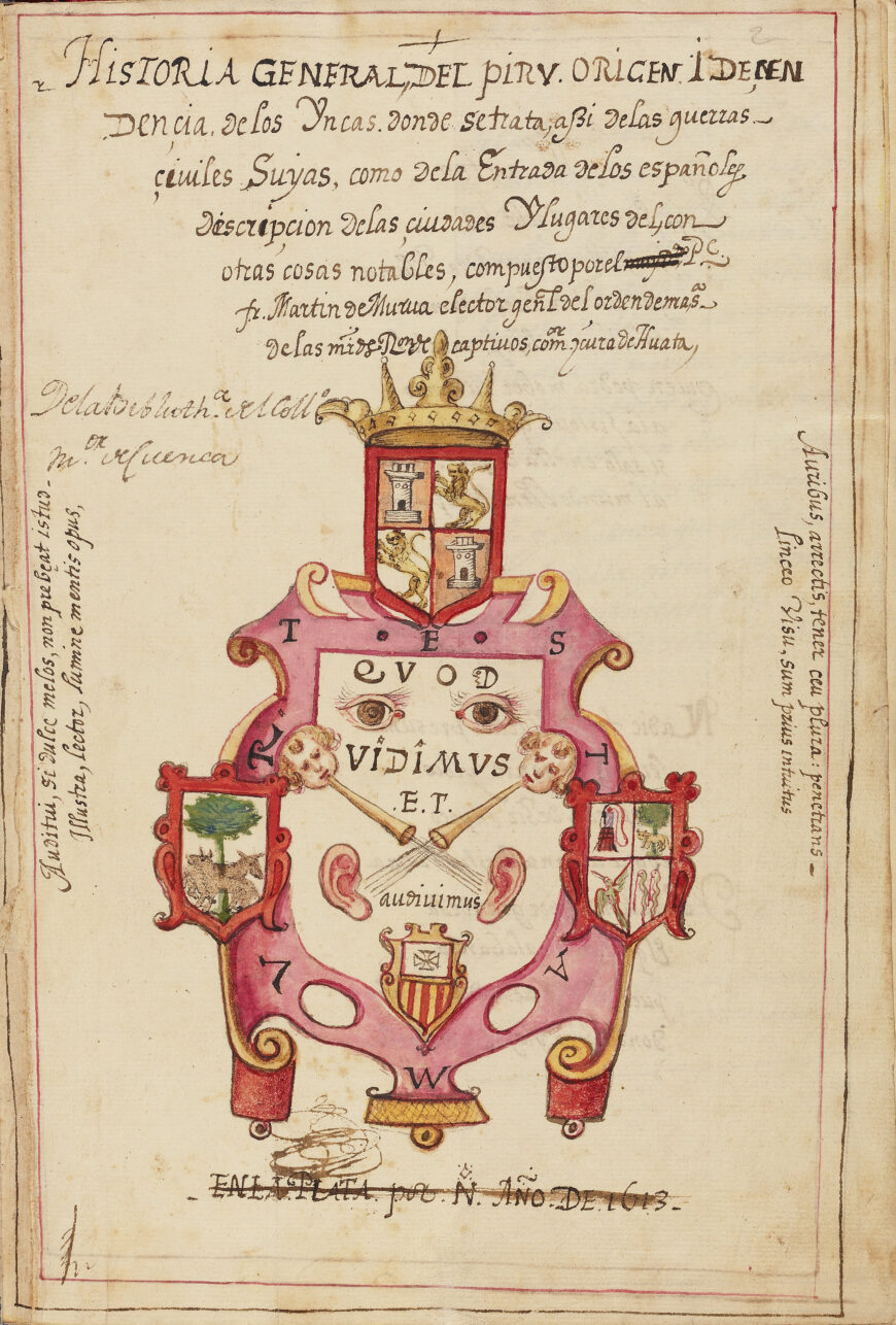 Title page, Martín de Murúa, Historia General del Piru (General History of Peru), 1615, manuscript on parchment (J. Paul Getty Museum, Los Angeles, Ms. Ludwig XIII 16)