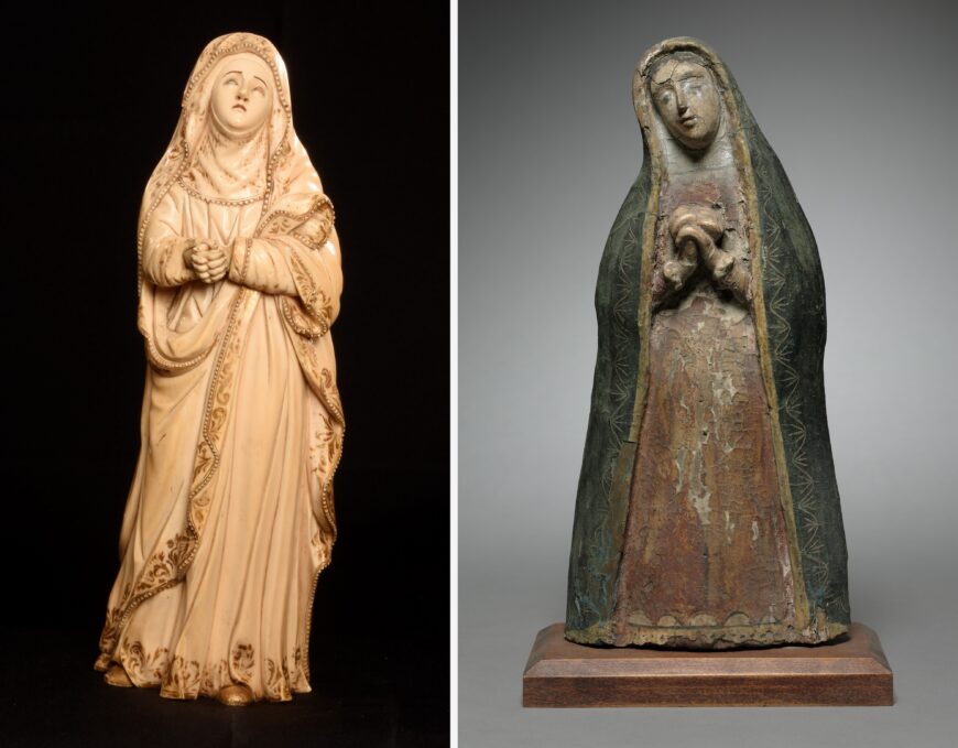 Left: Unidentified artist, Our Lady of Sorrows santo, c. 17th–19th century (Philippines), ivory (Intramuros Administration, Manila); right: Unidentified artist, Our Lady of Sorrows santo, c. 17th–18th century (New Mexico), painted wood, 36.9 x 17.8 x 7 cm (Cleveland Museum of Art)