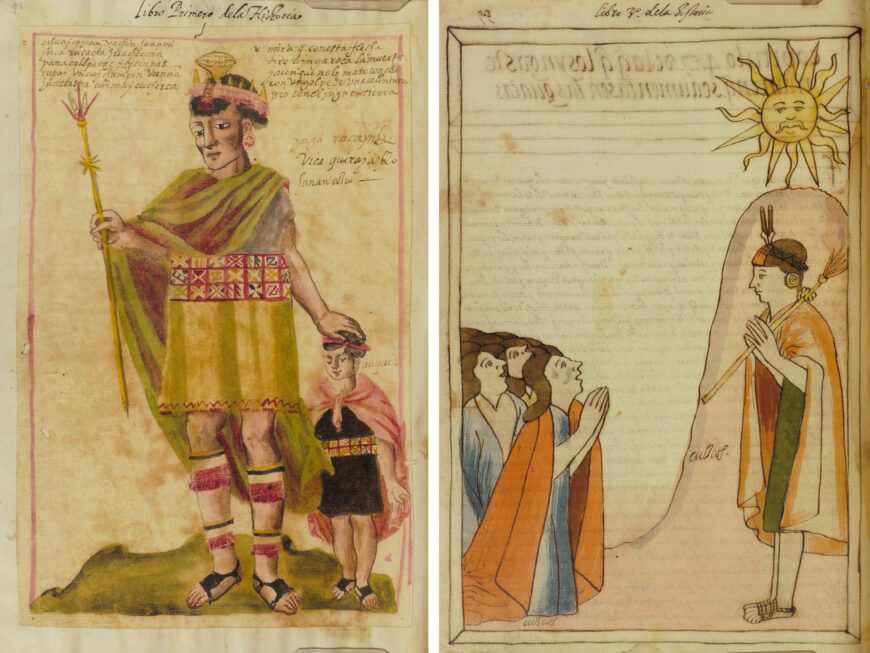 Left: Unknown artist, Inca Roca with a prince, page 22; right: Felipe Guaman Poma de Ayala, Inka worshiping the sun and praying for prosperity, page 188, both from Martín de Murúa, Historia y Genealogía de los Reyes Ingas del Piru (History and Genealogy of the Inka Kings of Peru), c. 1580–90, manuscript on parchment (University of Notre Dame Hesburgh Library, facsimile of the Galvin manuscript, owned by Sean Galvin)