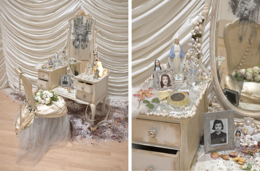 Ofrenda on the vanity (details), Amalia Mesa-Bains, Venus Envy, Chapter I: The First Holy Communion Moments Before the End, 1993, mixed-media installation (installed at San Francisco Museum of Modern Art, 2022; photo: Katherine du Tiel) © Amalia Mesa-Bains