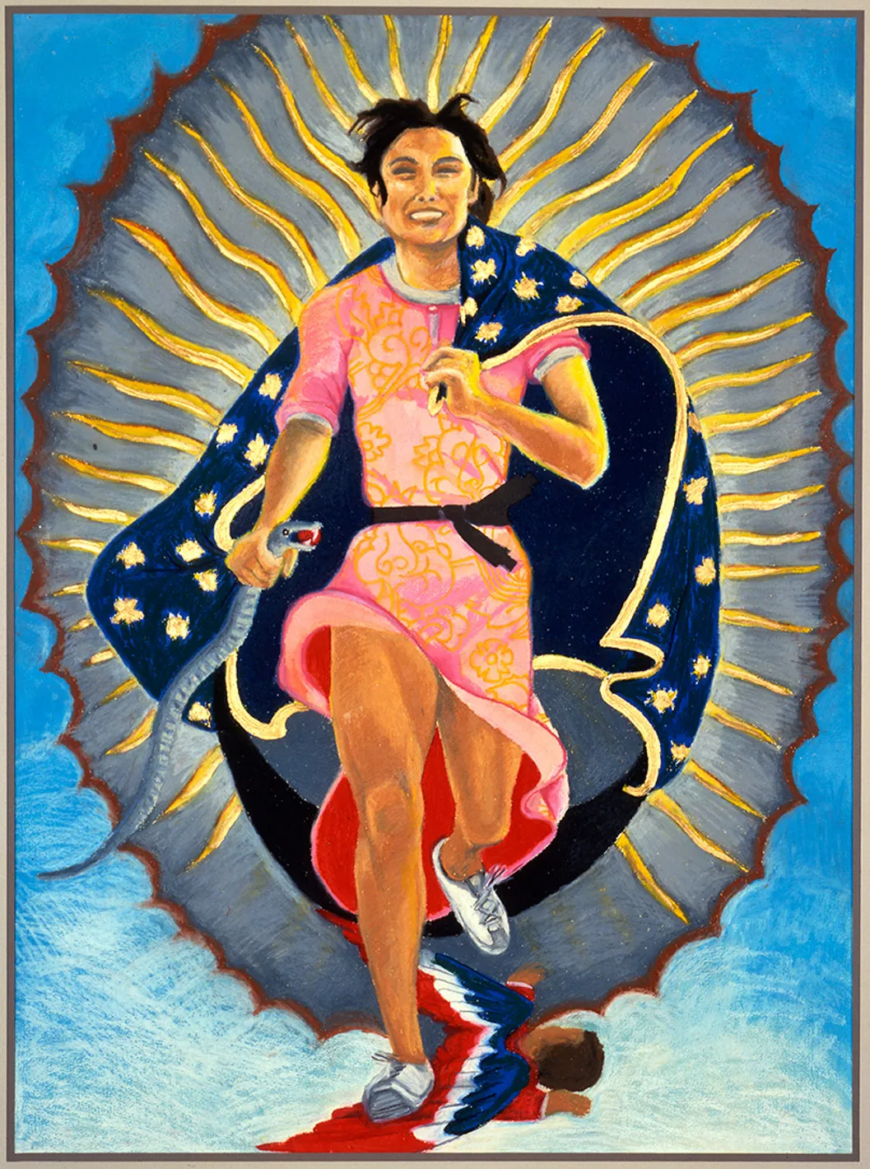 Yolanda López, "Portrait of the Artist as the Virgin of Guadalupe," from the Guadalupe Triptych, 1978, oil pastel and paint on paper, 30 x 22 inches © 1978 Yolanda López