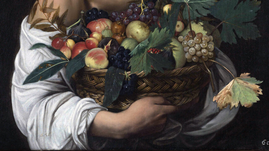 Fruit basket (detail), Caravaggio, Boy with a Basket of Fruit, c. 1593–95, oil on canvas, 70 x 67 cm (Borghese Gallery, Rome)
