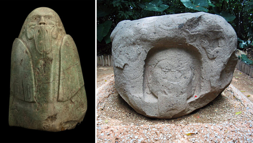 Left: Tuxtla Statuette, 162 C.E., jadeite, 15.4 x 9.3 cm (National Museum of Natural History, Washington, D.C.); right: Altar 7, La Venta, Tabasco, Mexico, c. 900–350 B.C.E., basalt (photo: Jill Mollenhauer, CC BY-NC-SA 2.0)