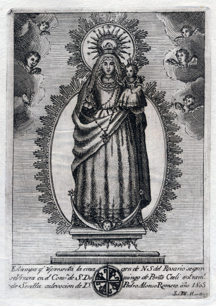 Print showing Our Lady of the Rosary, a popular subject of santos de palo. José María Martín, Virgen del Rosario, 1805, intaglio (Real Academia de Bellas Artes de San Fernando, Madrid)