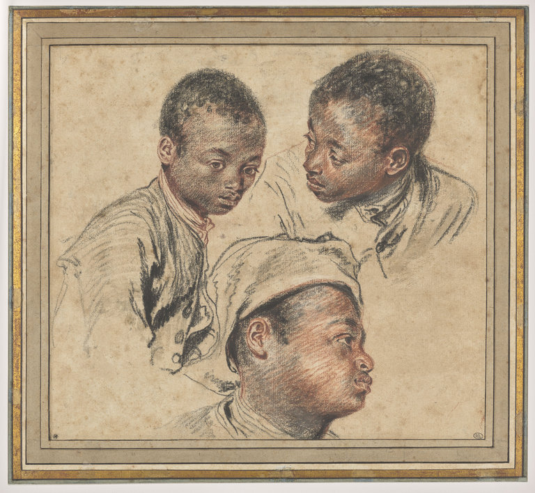 Antoine Watteau, Three Studies of a Young Man, n.d., gray, black, and red chalk on paper, 24.3 x 27 cm (Musée du Louvre, Paris)