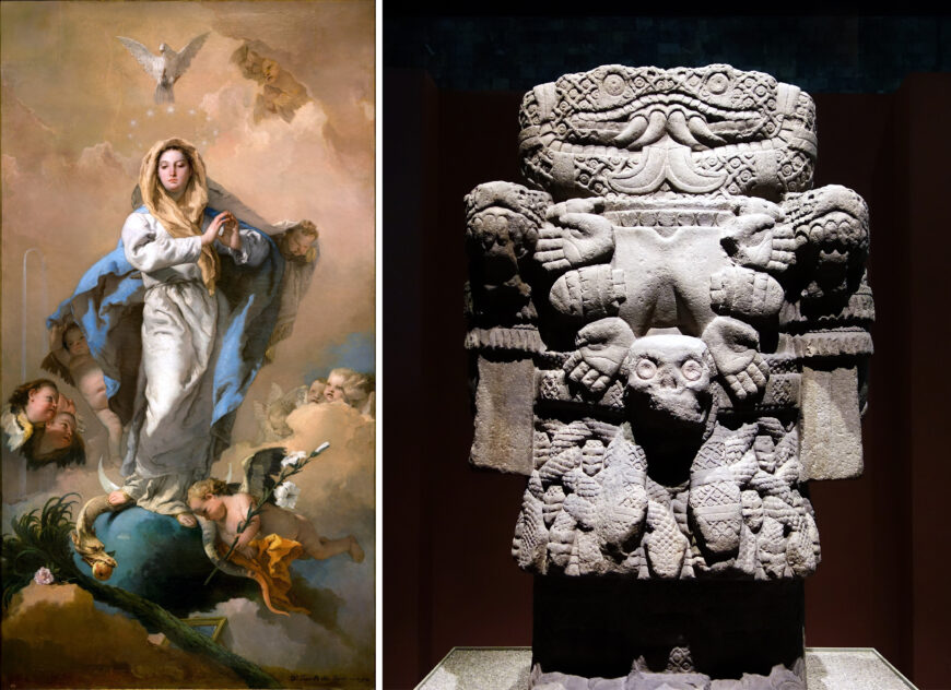Left: Giovanni Battista Tiepolo, The Immaculate Conception, 1767–69, oil on canvas, 281 x 155 cm (Museo del Prado, Madrid); right: Coatlicue, c. 1500, Mexica (Aztec), found on the SE edge of the Plaza Mayor/Zócalo in Mexico City, basalt, 257 cm high (National Museum of Anthropology, Mexico City; photo: Steven Zucker, CC BY-NC-SA 2.0)