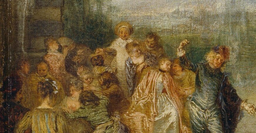 Pierrot stares directly back at us, while Harlequin appears below, raising an arm above his head (detail), Antoine Watteau, The Pleasures of the Ball (Les Plaisirs du Bal), c. 1715–17, oil on canvas, 65.2 x 52.5 cm, DP156 (Dulwich Picture Gallery, London)