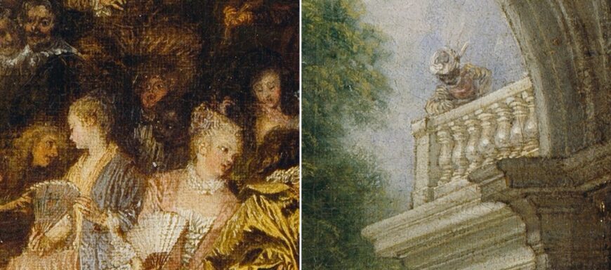 Left: young Black men in the crowd; right: young Black man on the balcony (details), Antoine Watteau, The Pleasures of the Ball (Les Plaisirs du Bal), c. 1715–17, oil on canvas, 65.2 x 52.5 cm, DP156 (Dulwich Picture Gallery, London)