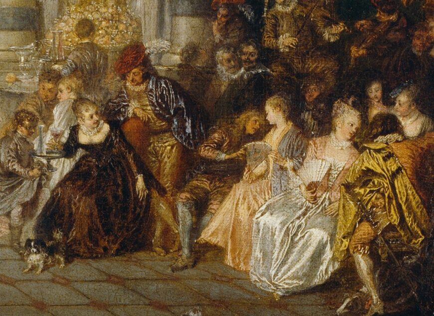 Partygoers and musicians, with a woman being served refreshments at left and a young Black boy positioned between the two women holding fans at right (detail), Antoine Watteau, The Pleasures of the Ball (Les Plaisirs du Bal), c. 1715–17, oil on canvas, 65.2 x 52.5 cm, DP156 (Dulwich Picture Gallery, London)