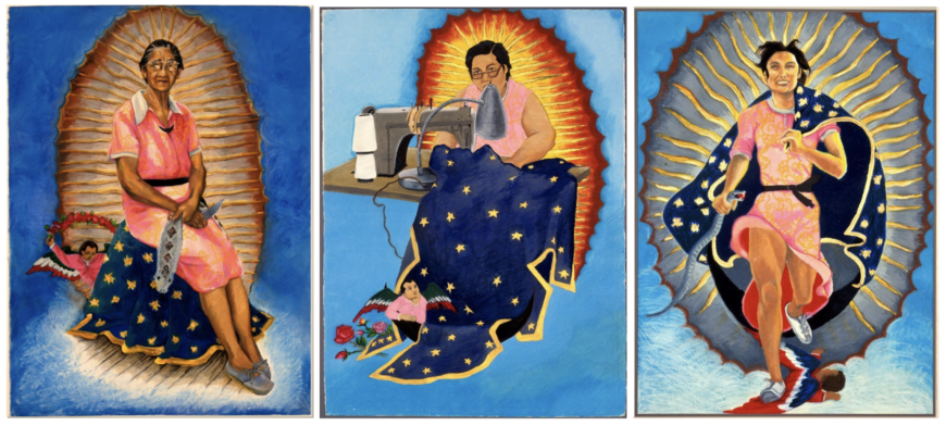 Yolanda López, Guadalupe Triptych, 1978 (left: "Victoria F. Franco: Our Lady of Guadalupe," oil pastel and collage on paper, 30 x 22 inches; center: "Margaret F. Stewart: Our Lady of Guadalupe," oil pastel and paint on paper, 30 x 22 inches; right: "Portrait of the Artist as the Virgin of Guadalupe," oil pastel and paint on paper, 30 x 22 inches) © 1978 Yolanda López