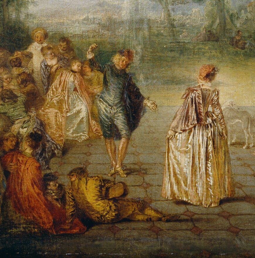 Couple dancing the minuet, with the commedia dell’arte characters Pierrot and Harlequin at the top left (detail), Antoine Watteau, The Pleasures of the Ball (Les Plaisirs du Bal), c. 1715–17, oil on canvas, 65.2 x 52.5 cm, DP156 (Dulwich Picture Gallery, London)